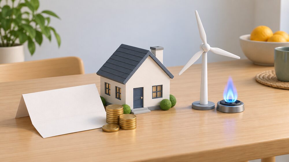 A small model house sits on a kitchen table beside a blank folded energy bill, a short stack of coins and a small model wind turbine standing next to a tiny model gas flame, showing how wholesale gas costs shape the price a home pays.