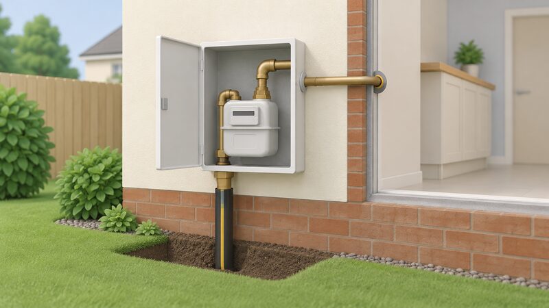A domestic gas meter box mounted on an outside house wall, with the meter inside and the incoming buried service pipe rising from the ground into the box, connected by pipework through the wall to the property.