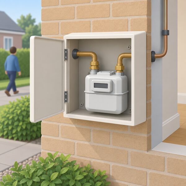 A domestic gas meter inside its surface-mounted meter box on an outside wall, with the inlet pipe entering from the wall and the outlet pipe leading toward the building, drawn as a simple cutaway so the meter and pipework are clearly visible.