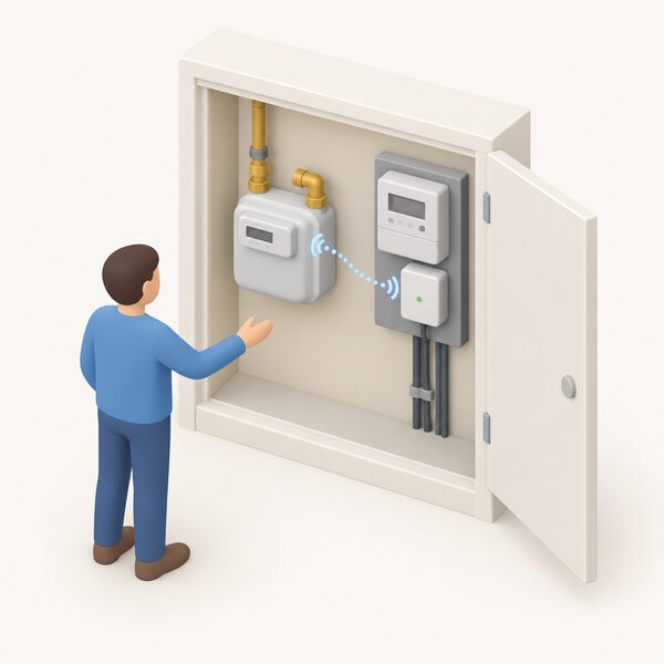 An indoor meter cupboard or wall area showing a gas meter and, beside it, an electricity meter with a communications hub mounted within or near it, with a dotted wireless link drawn between the gas meter and the hub, one small isometric figure gesturing toward the two meters.