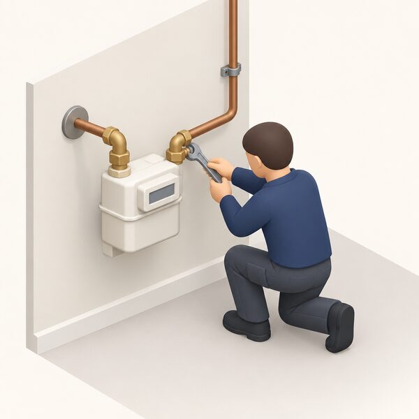 A registered gas engineer in plain work clothing, shown as a small simplified isometric figure, kneels at an internal gas meter on an inside wall, using a spanner on the pipework connection as approved third-party work, with the meter inlet pipe running to the wall and outlet pipe leading onward into the home.