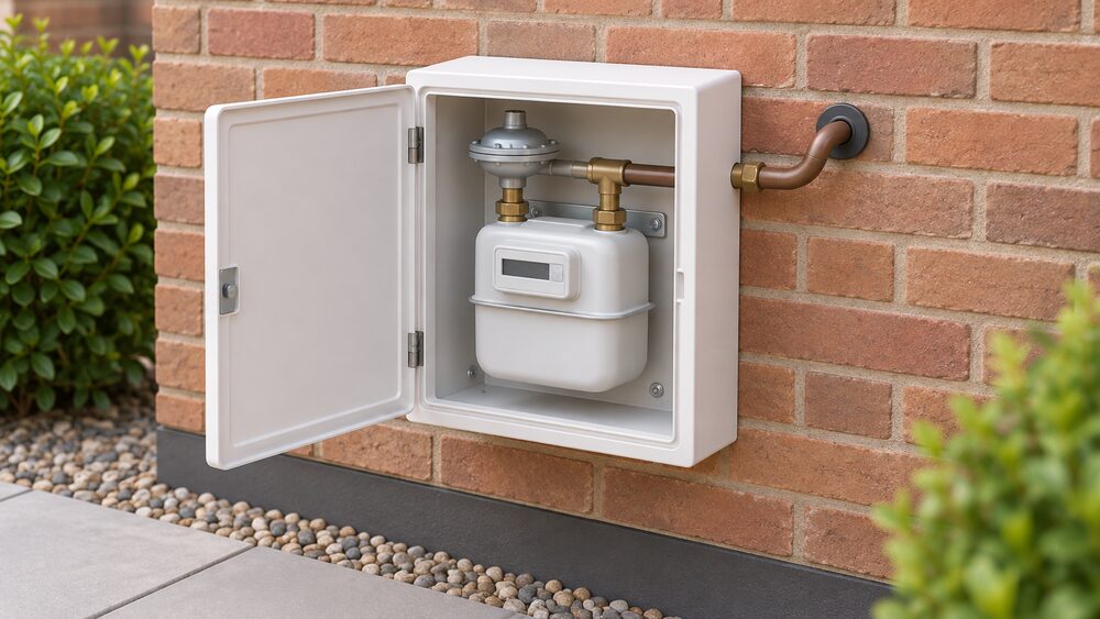 A close-up of a domestic gas meter inside its white surface-mounted box on an outside wall of a house, with the gas supply pipe running from the box into the brickwork, freshly relocated from indoors.