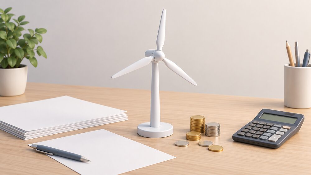 A small model of a white offshore wind turbine standing on a desk beside blank paperwork, a few coins and a calculator, representing how wind generation feeds through to wholesale prices and household bills.