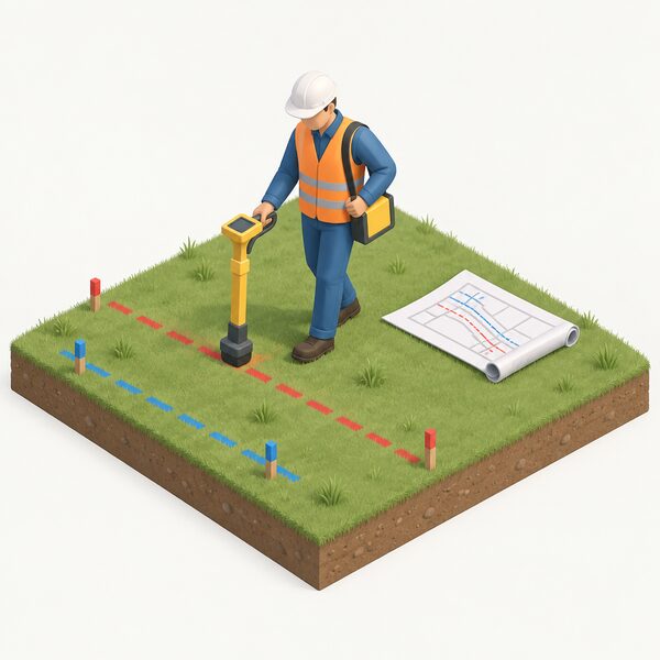 A worker on a grassy excavation site holds a cable and pipe locating device with a shoulder-carried signal receiver, sweeping it over marked ground beside a rolled utility plan, verifying recorded underground cable positions before any digging begins.