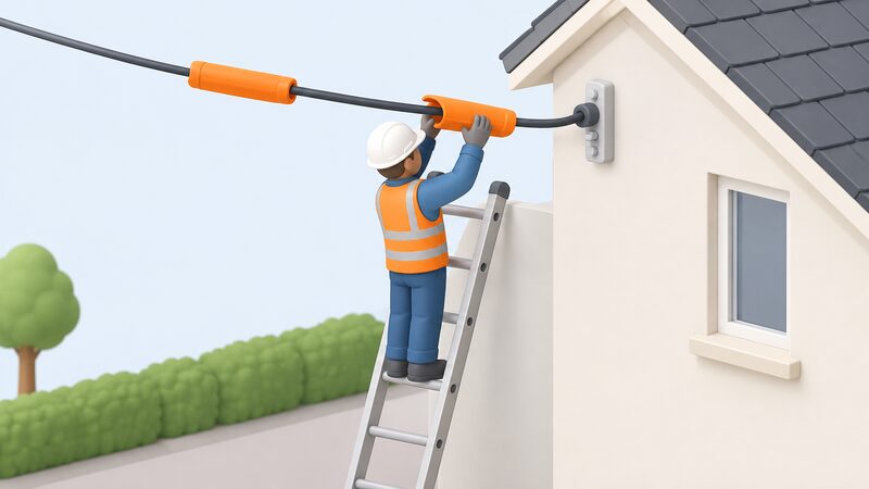 An engineer in protective equipment, including a helmet and gloves, standing on a ladder beside the overhead power line where it attaches to a property, fitting insulating shrouding covers over the conductors.