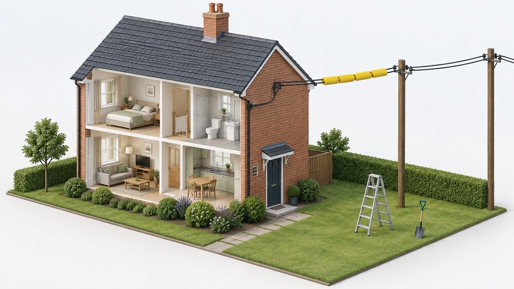 A brick house seen from outside with an overhead distribution line on wooden poles running to the property, a section of the line near the house fitted with shrouding covers, and a ladder and spade set down well clear of the line.