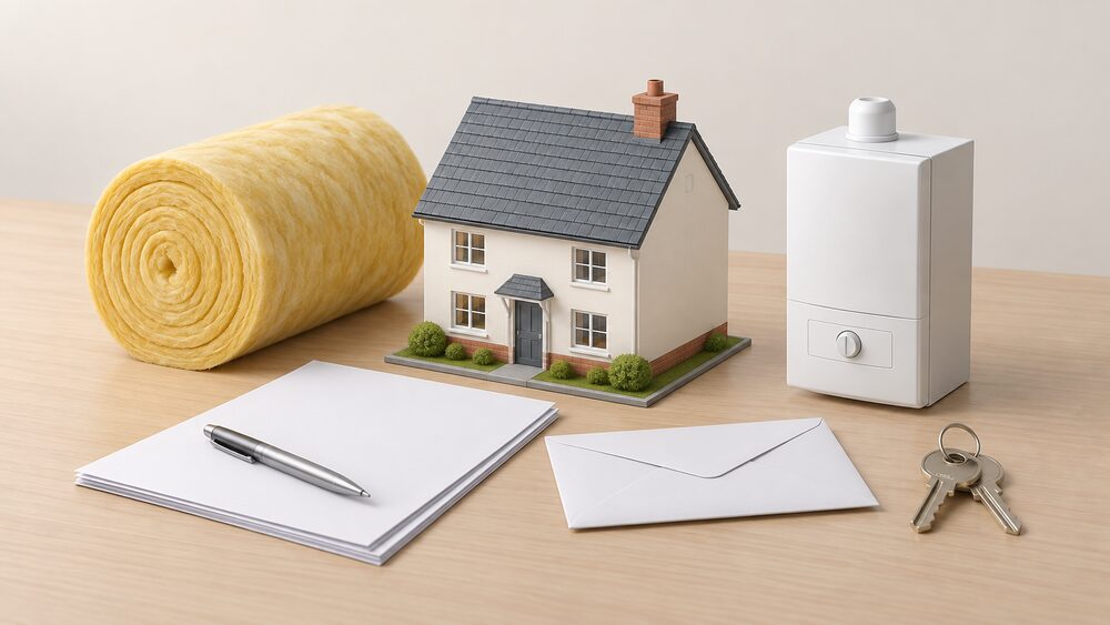 A small detached model house with a thick roll of loft insulation and a compact boiler model beside it, arranged on a table with blank application paperwork, a sealed envelope and a set of house keys.