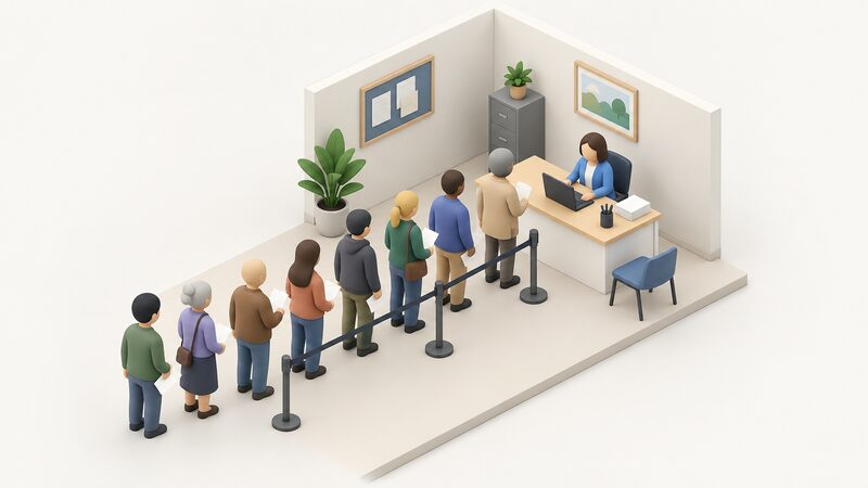 A simplified isometric council energy advice desk with one adviser seated behind it and a long queue of plain-clothed residents waiting, some holding forms, showing demand outstripping the council's referral capacity.