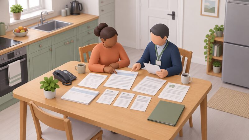 A householder and an energy adviser sit together at a kitchen table, sorting through an application form and supporting papers including wage slips, a benefits award letter and bank statements, with a tenancy agreement and a telephone nearby.