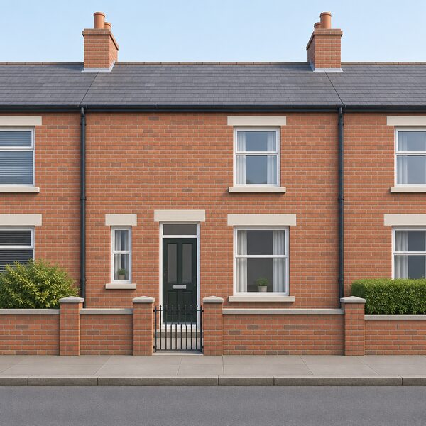 A modest brick terraced house in Northern Ireland shown plainly from the street, its front door and small windows suggesting an ordinary older home, with a letterbox and a simple garden wall, representing the kind of owner-occupied or privately rented main residence the scheme helped.