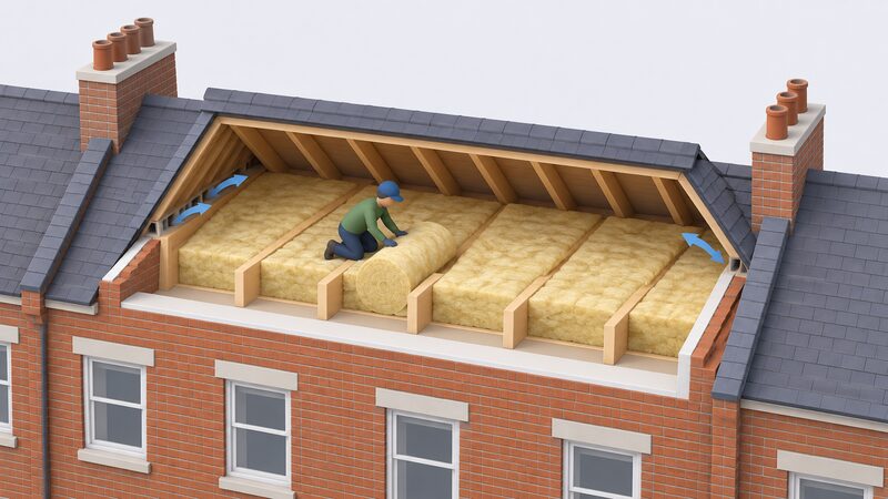 A small isometric figure kneels in the loft space of a terraced brick home, laying thick mineral wool insulation rolls between the timber ceiling joists, with the insulated level rising well above the joists and eaves ventilation gaps visible at the roof edge.