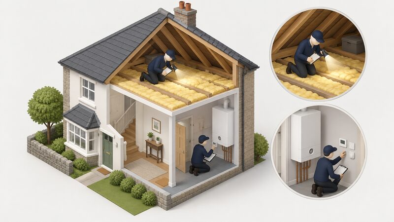 A surveyor with a clipboard and torch kneels in a loft inspecting insulation, while a second view or foreground detail shows them checking the boiler and heating controls downstairs in the same Welsh house.