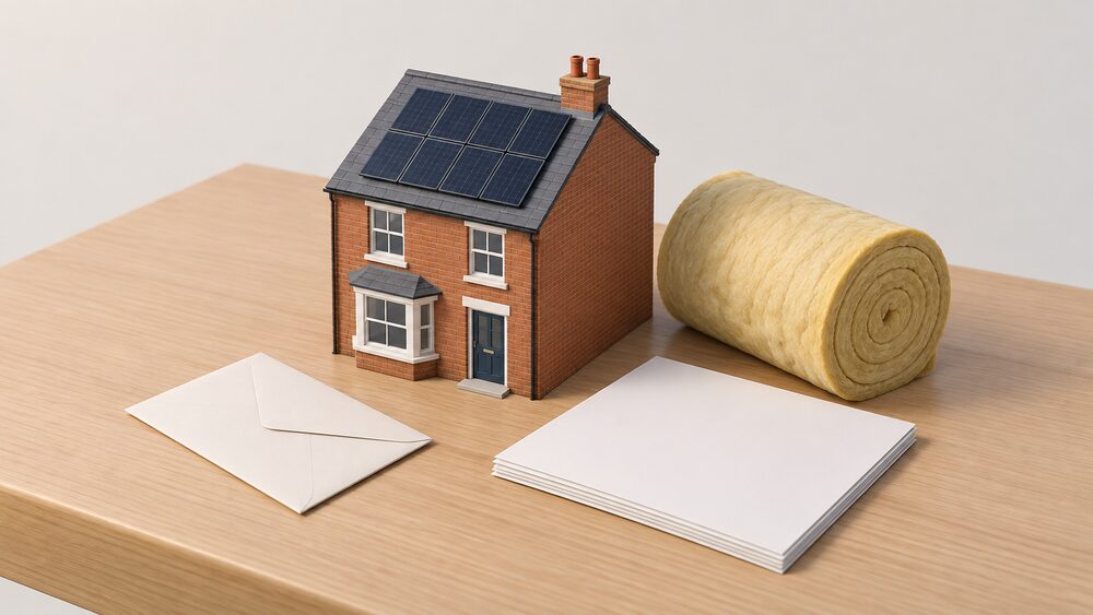 A small model of a terraced house with dark solar panels on its pitched roof and a roll of loft insulation resting beside it, standing on a table next to a closed envelope and blank paperwork, with nothing else around it.
