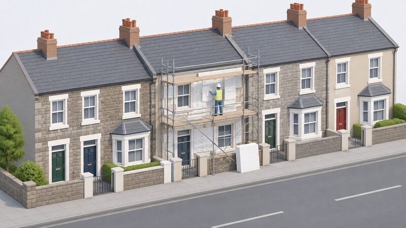 A row of Welsh terraced houses along a street, one home wrapped in scaffolding with a worker fitting insulation boards to its exposed front wall while neighbouring houses stand untreated, showing area-based improvement working street by street.