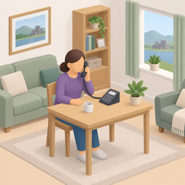 A simplified isometric householder in plain clothing sits at a table in a Welsh living room, holding a telephone handset to their ear with the phone's keypad and screen shown only as plain blank blocks, making the free call to the Nest advice line to check eligibility for help.