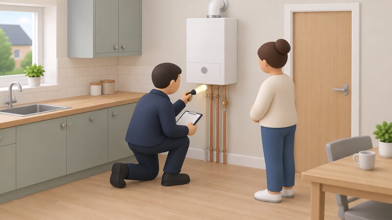 A Housing Executive energy adviser with a clipboard kneels beside an old wall-mounted gas boiler in a private home's kitchen, inspecting it with a torch while the owner-occupier householder stands nearby watching the assessment.