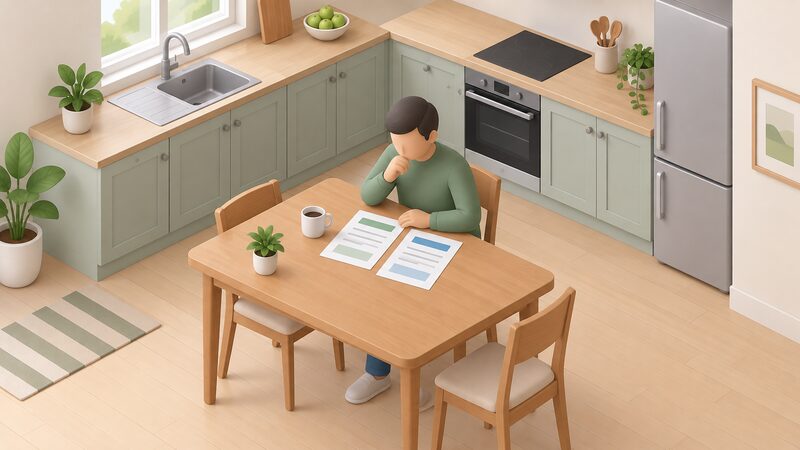 A kitchen table holding a grant approval letter and a boiler installation quote as physical papers with blank lines and plain blocks, beside a small model figure of an owner occupier seated reading them.