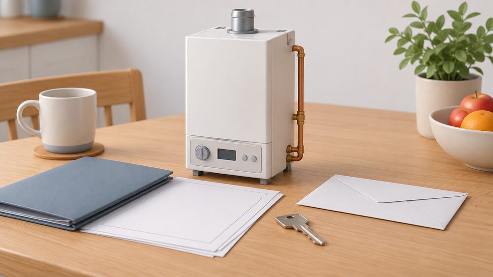 A small model of an old domestic boiler standing on a kitchen table beside a blank application form, a sealed envelope and a house key, with a closed folder resting on top of the paperwork.