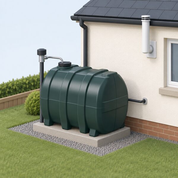A domestic heating oil tank standing on the side of a Northern Ireland house, plastic tank on a plinth near an outside wall with a fill pipe and cap, holding the delivered oil that feeds the household boiler.