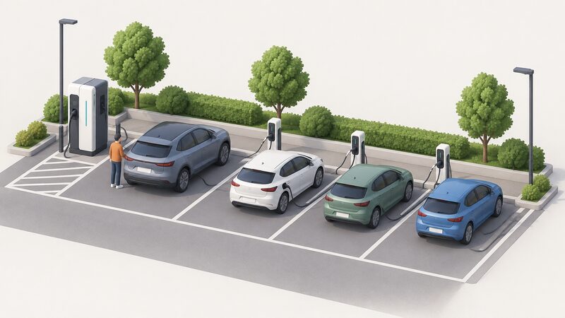 A simplified isometric view of a council car park where a row of charging units stands with a larger rapid charger with cable and bay on the left and a line of smaller standard charging posts on the right, each beside a parked electric car.