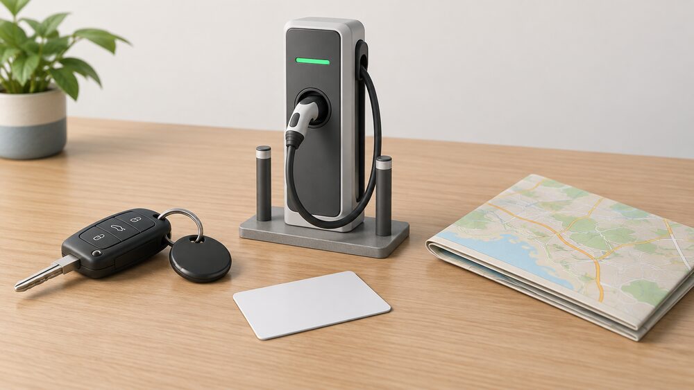 A small model of a public electric vehicle charge point on a table beside a blank RFID access card, a set of car keys and a folded road map, arranged as a driver preparing to use a public charging network.