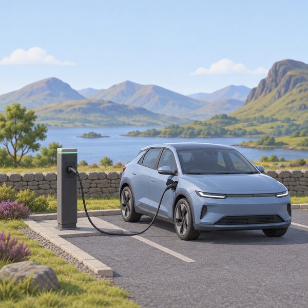 A single public electric vehicle charge point standing on a small paved bay in a quiet Scottish setting, shown as a simple upright post unit with a charging cable, with an electric car plugged in beside it.