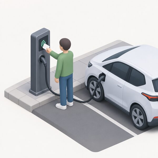 A driver's hand holding a plain RFID access card up to the card reader on a public electric vehicle charge point, with a simplified isometric figure standing beside an electric car plugged into the charge point at a kerbside charging bay.