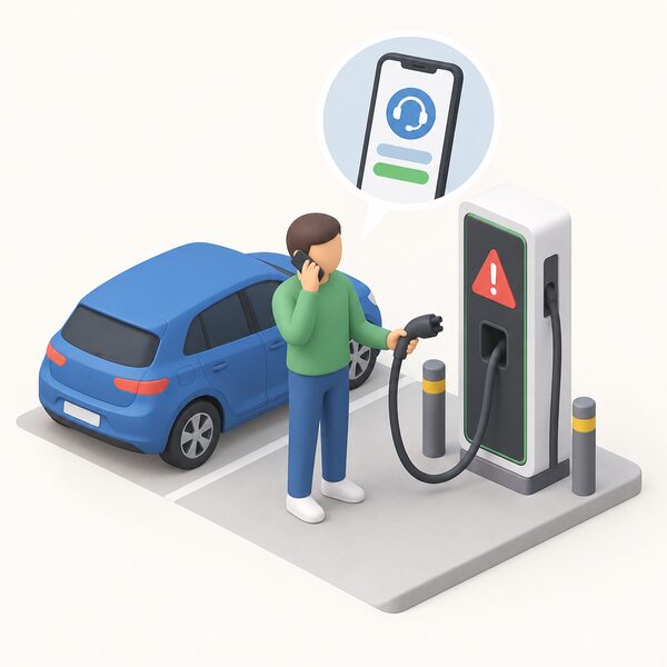 A simplified isometric driver stands beside a public rapid charge point with a cable in hand, phone held to ear, while an inset shows the helpline as a phone screen with plain colour bands, the charger marked faulty with a plain warning symbol.