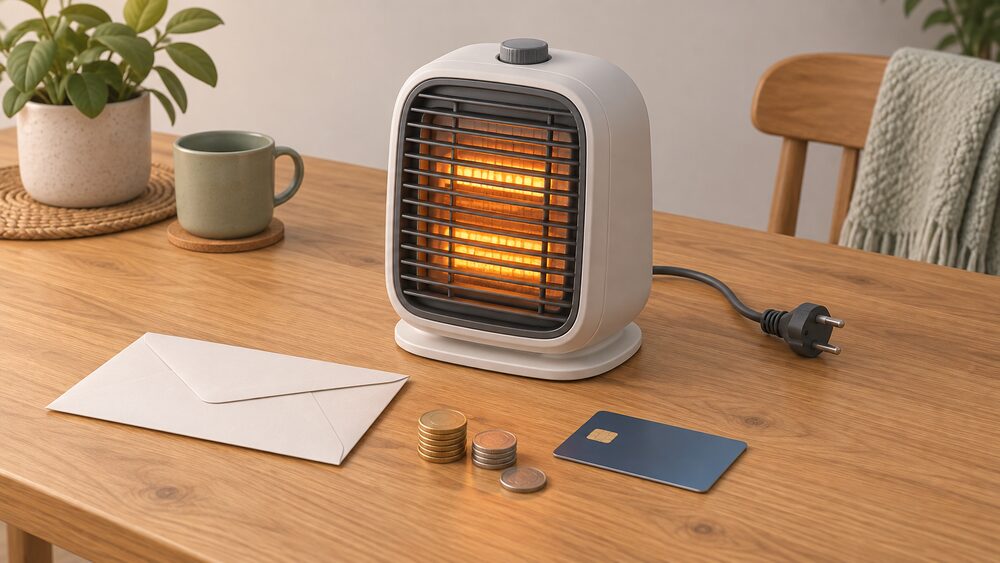 A small portable electric heater with its plug and cable resting on a wooden kitchen table beside a plain unmarked envelope, a small stack of coins and a bank card, suggesting a winter heating payment arriving to help cover higher bills.