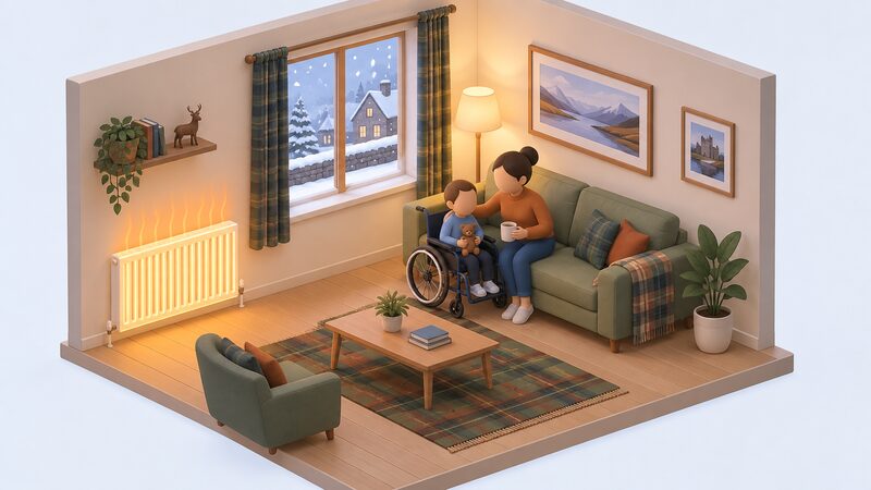 A cosy Scottish family living room in winter with a radiator glowing warm, snow visible through the window, and a simplified child figure using a wheelchair beside a parent on the sofa.