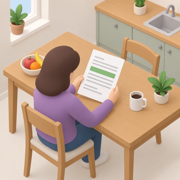 A paper award letter lying on a kitchen table in a family home, held by a simplified figure, with its content shown only as blank lines and a plain colour band marking the highest care component rate, with no readable words or numbers.