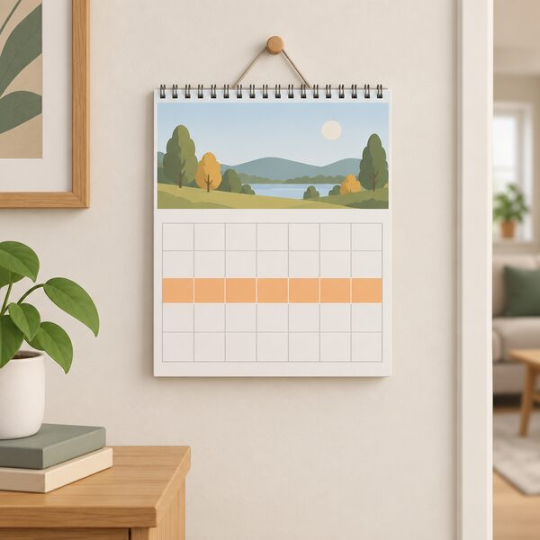 A wall calendar hanging on a plain household wall with the third full week of September marked as a highlighted band across that row of date boxes, shown as a physical object with no readable words or numbers, only blank date squares and one plain coloured block marking the qualifying week.