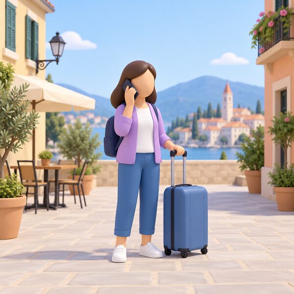 A simplified figure stands outdoors in a European town setting holding a mobile phone to their ear, making a telephone claim to Social Security Scotland from abroad, with a suitcase beside them suggesting they are living overseas during the qualifying week.