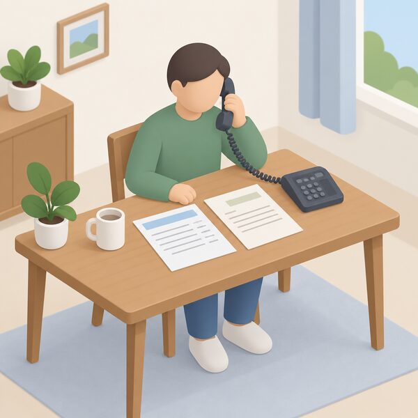 A simplified isometric figure sits at a home table holding a telephone handset to their ear, with a bank statement and a benefit award letter lying flat beside them, making a call to ask about a payment that has not arrived.