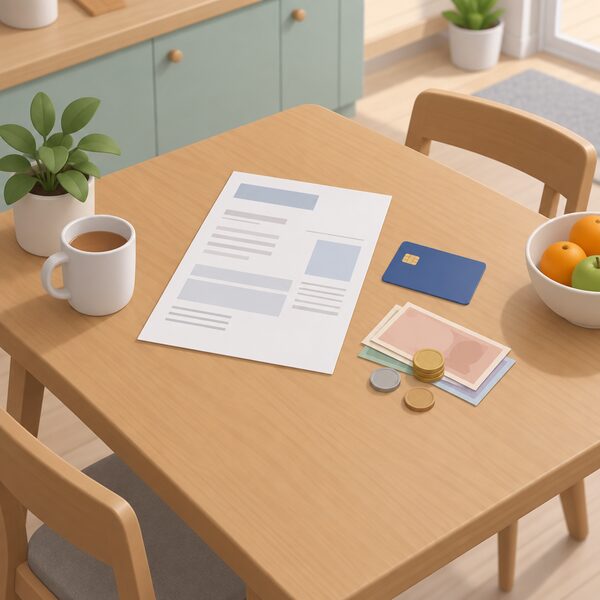 A kitchen table seen from above with a household heating bill lying flat, a plain bank card beside it and a small stack of notes and coins, showing money a family can spend as it chooses.