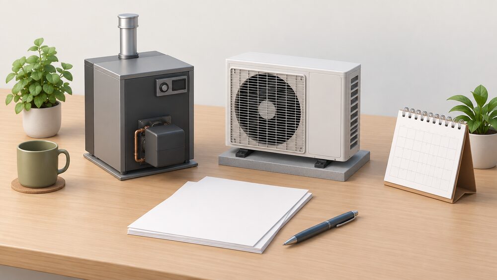 On a table, a small model of a domestic oil-fired boiler sits beside a small model of an air source heat pump fan unit, with blank paperwork, a pen and a desk calendar arranged between them, suggesting a household weighing a switch away from oil heating.