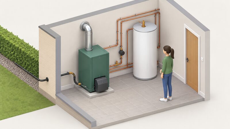 A simplified isometric utility room in a Northern Ireland home off the gas grid, showing an oil-fired boiler connected by visible copper pipework to a hot water cylinder, with the oil supply pipe entering from outside, drawn plainly to show the combustion heating the electrification pathway would replace.