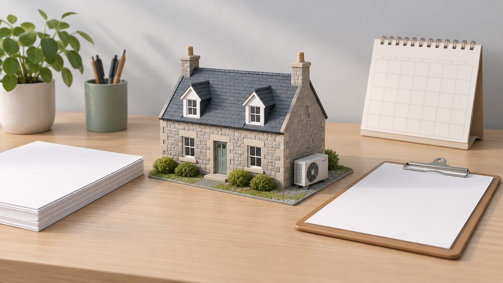 A small plain model of a stone Scottish house with a tiny heat pump unit standing beside it on the ground, placed centrally on a desk beside blank official-looking paperwork, a plain clipboard and a simple wall calendar, all lit by soft daylight.