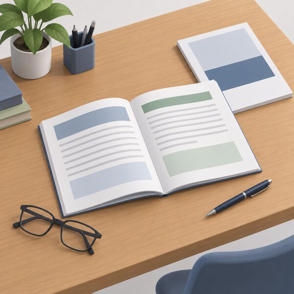 A printed government strategy document lying open on a wooden desk, its pages showing plain colour bands and blank lines instead of readable text, beside a closed report cover, a pen and a pair of reading glasses, with no figures or words visible anywhere.
