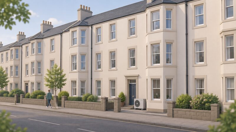 A row of Scottish tenement flats on a street, their stone front walls finished with smooth external wall insulation, with an air source heat pump unit standing at ground level beside one entrance.