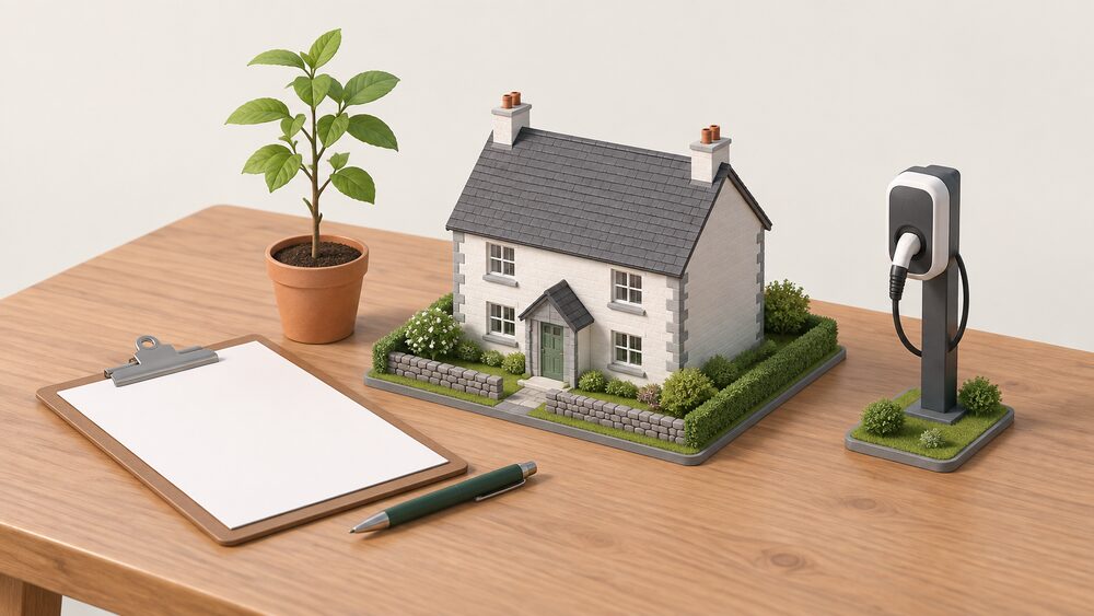 A small model of a Welsh house sits centrally on a wooden table beside blank official paperwork and a clipboard, with a young tree sapling in a pot and a small model electric vehicle chargepoint on a short post arranged around it, suggesting the domestic and land-use changes behind the carbon budgets.