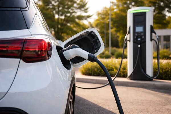 A white electric car plugged in with a charging cable at a public EV charge point