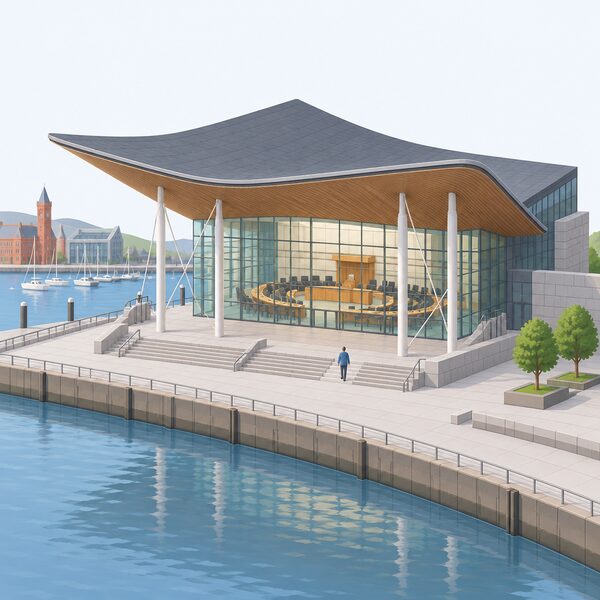 A simplified view of the Senedd building in Cardiff Bay, its distinctive slate-and-glass debating chamber beside the waterfront, with a small isometric figure walking towards the entrance to convey the place where the net zero regulations were made.