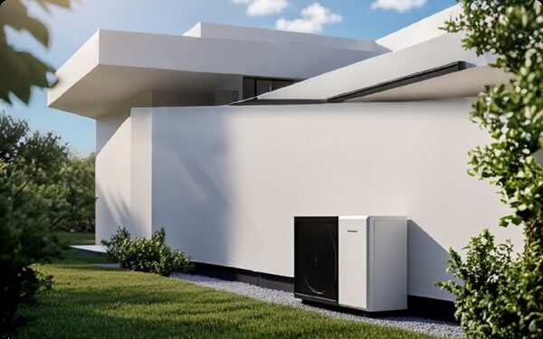 A white outdoor heat pump or energy unit installed against the wall of a modern white house with a lawn and shrubs