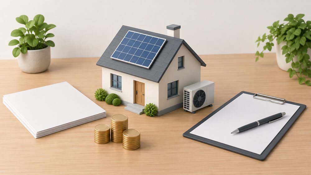 A small model house with a solar panel on its roof and a tiny air source heat pump fan unit standing beside it, placed centrally on a table next to blank application paperwork, a clipboard with a pen, and a stack of coins.