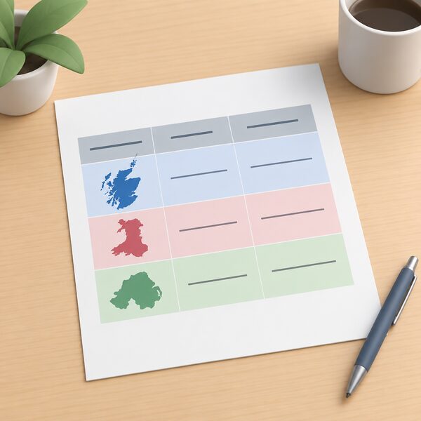 A printed document lying on a table showing a simple table with three rows for Scotland, Wales and Northern Ireland, each row carrying plain colour bands and blank lines where the target dates and interim milestones would appear, with no readable words or numbers.