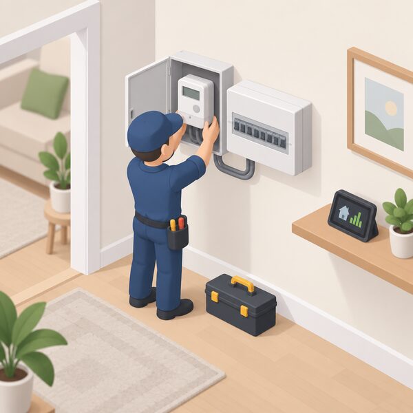A small isometric installer figure fitting a smart electricity meter inside a wall-mounted meter box on an interior wall of a home, with the meter connected by a short cable to the consumer unit beside it and a display unit shown on a nearby shelf.