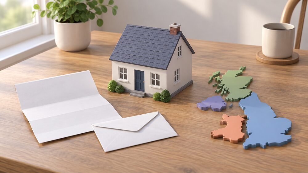A small plain model house sits on a wooden table beside a folded paper energy bill and a blank envelope, with a map of the United Kingdom cut into four separate pieces lying flat next to them, all lit by soft daylight from a nearby window.