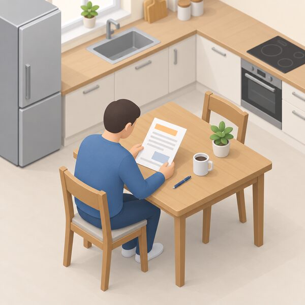 A paper household energy bill lying on a kitchen table beside a mug and a pen, its totals shown only as blank lines and plain blocks, with a small isometric figure seated at the table reading it.