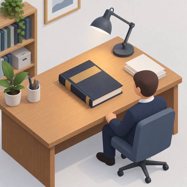 A closed printed statute book lying on a wooden desk in an office, its dark cover and spine shown as plain colour bands with no readable lettering, beside a reading lamp and a small stack of papers, with a simplified isometric figure seated nearby.